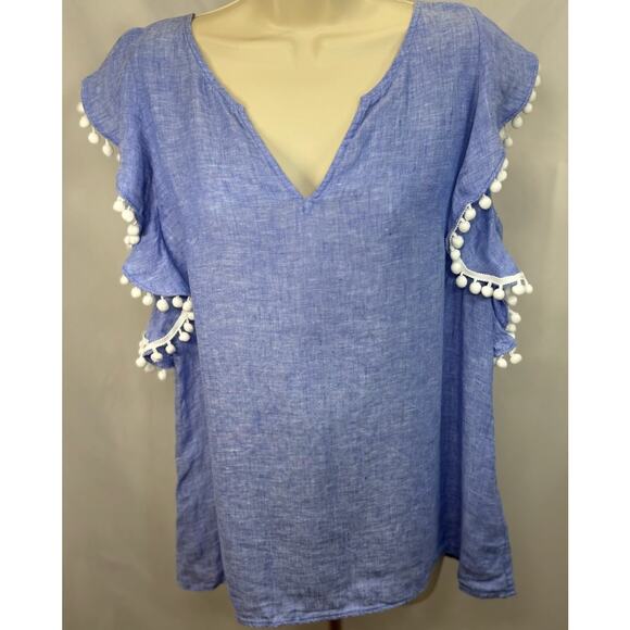 Lilly Pulitzer Astara Linen Pom Pom Top - Beckon Blue - Size M - Picture 5 of 15